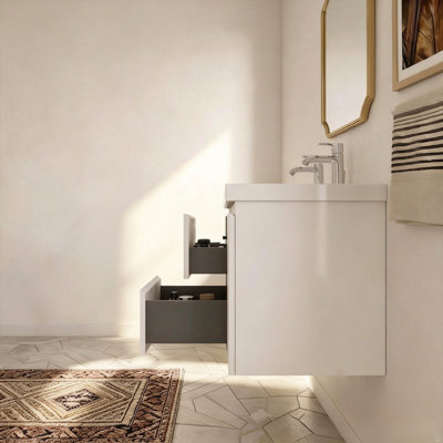  Meuble-lavabo flottant blanc minimaliste 60 po avec lavabo en résine intégré et tiroirs en U 60 po