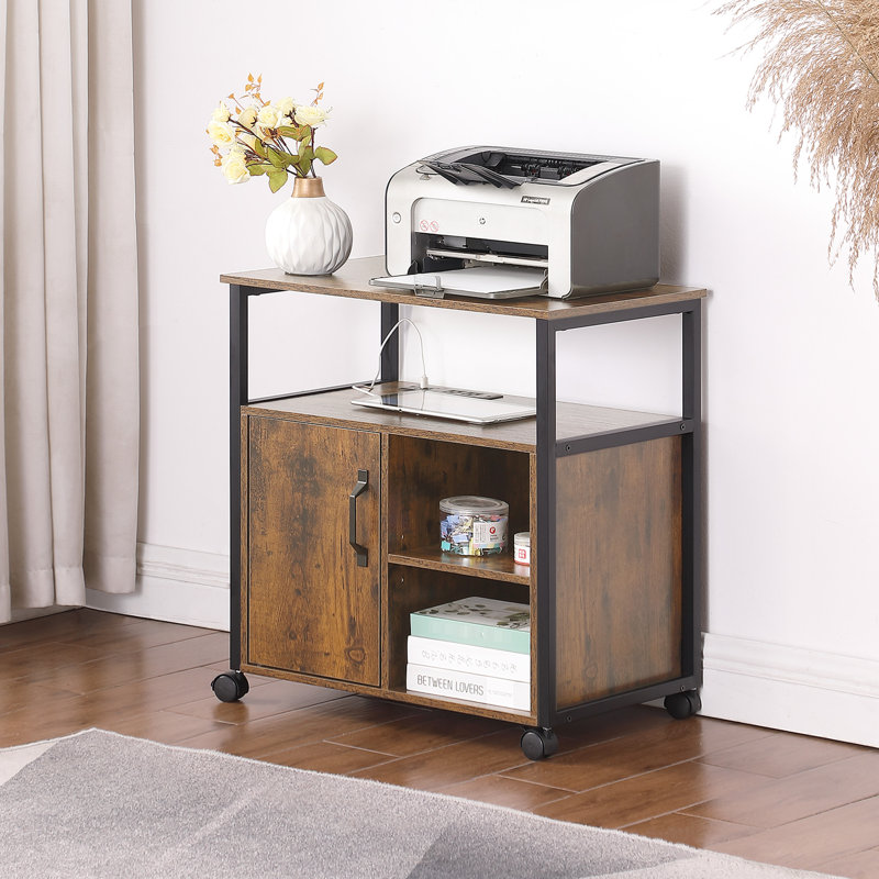Classeur avec ports de chargement pour le bureau, compartiments de format lettre A4, cadres latéraux en métal, assemblage rapide, support pour imprimante de bureau brun rustique et noir, et organisation simple