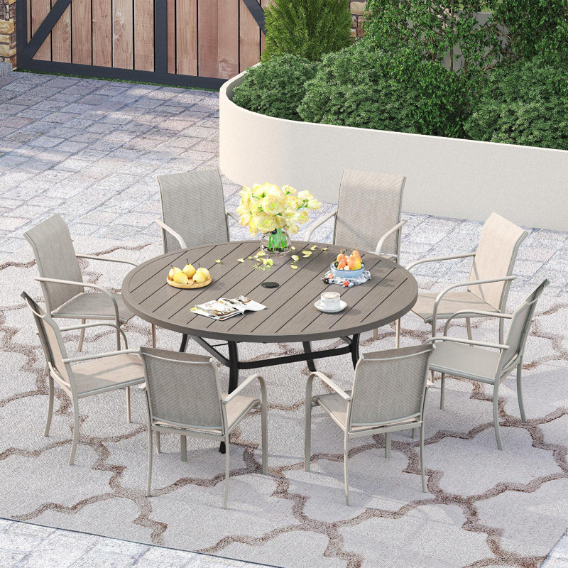 60" Patio dining set with Metal Round Dining Table and Stackable Armrest Dining Chairs, Brush Wood Gray/Sandshell