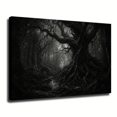 Forêt sombre et mystérieuse aux racines noueuses et au clair de lune tamisé, toile murale gothique vintage représentant une forêt.
