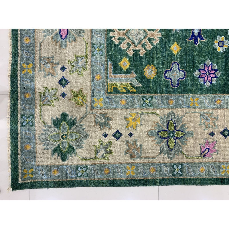 Tapis vert traditionnel en laine noué à la main avec médaillon classique et moderne vert, 8 pi x 10 pi