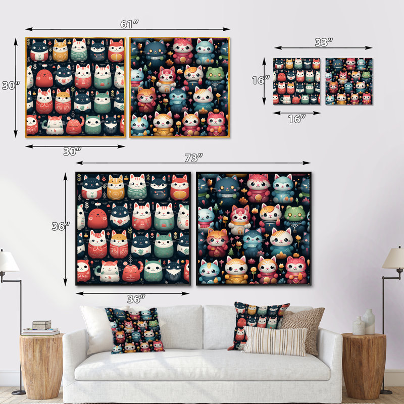 Maneki Neko, chat porte-bonheur pour enfants, ensemble de 2 collages carrés, Cadre flottant noir, H 16 po x l 33 po