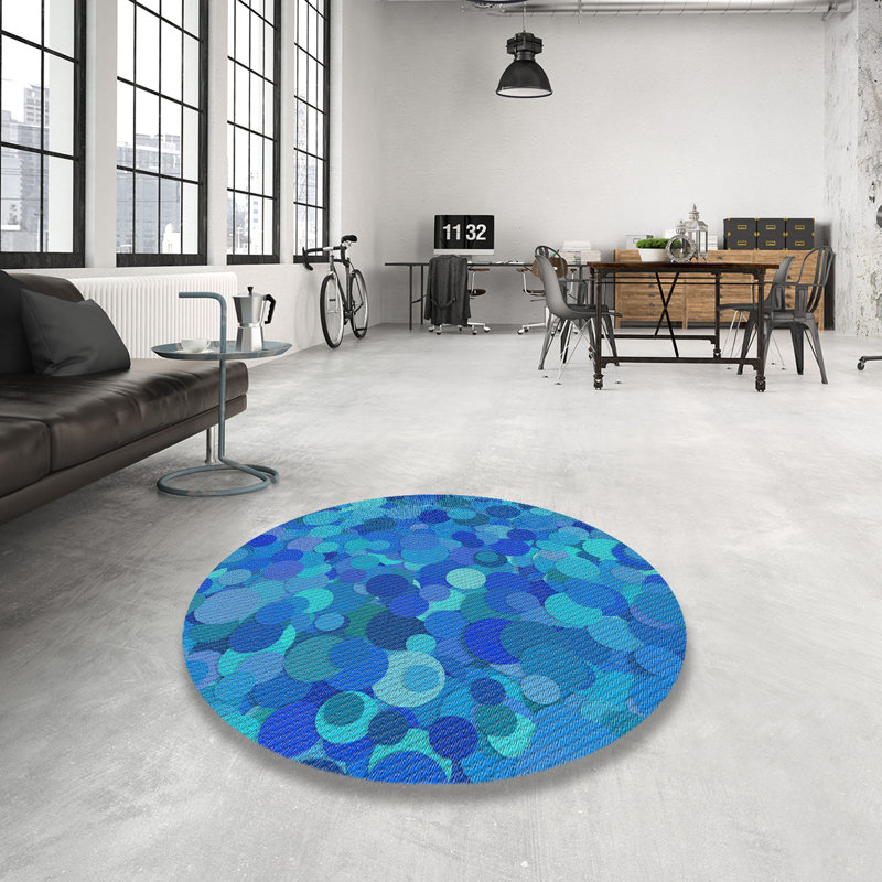Tapis bleu/turquoise à motifs, Rond 3 pi