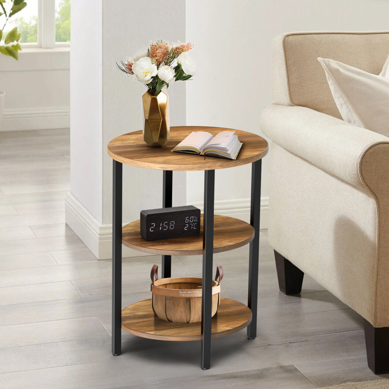 Jakwan Oval End Table with 3-Tier Storage Shelves, Rustic Oak