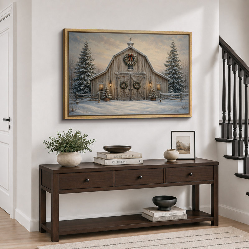 Illustration de Noël grange forêt enneigée, photos de salon, impression sur toile giclée sur toile encadrée, Cadre naturel