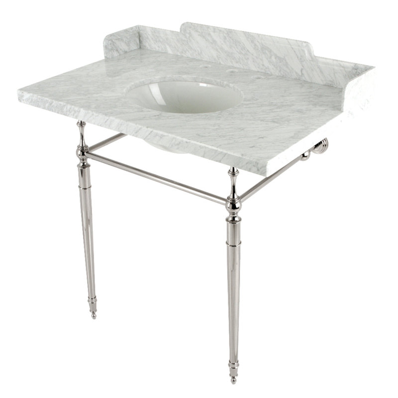 Lavabo de salle de bain rectangulaire avec trop-plein, Marbre blanc / nickel poli