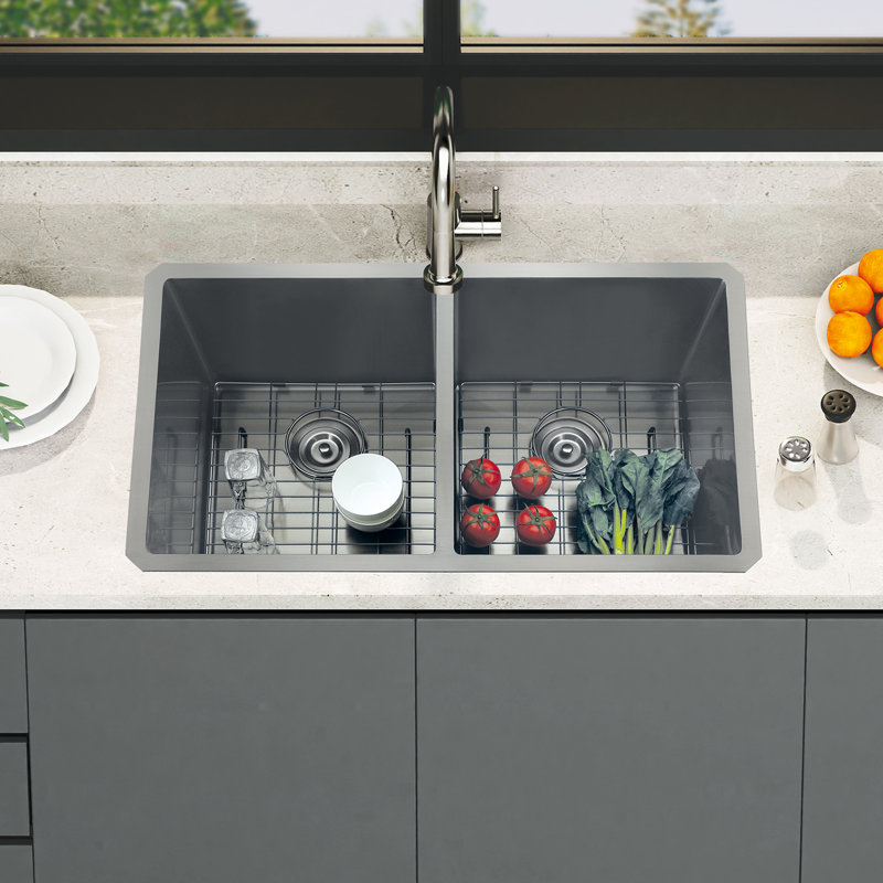33 po Évier de cuisine à double cuve encastrable en acier inoxydable 304 avec finition à double drain et grilles inférieures