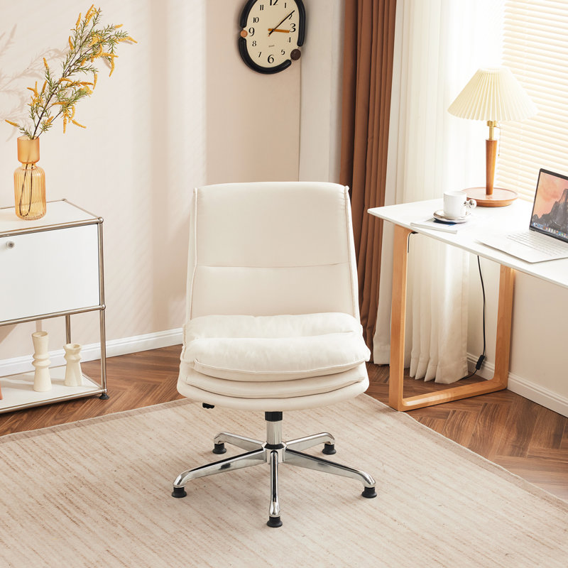 Chaise de bureau rembourrée sans accoudoirs sans roulettes, Polyester crème
