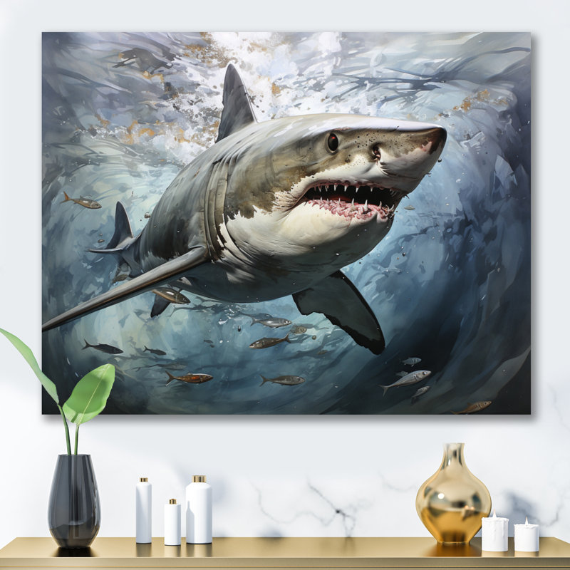 Requin gris «Silent Hunter II» - impressions de requins, 30" H x 40" W, Gold Picture Framed