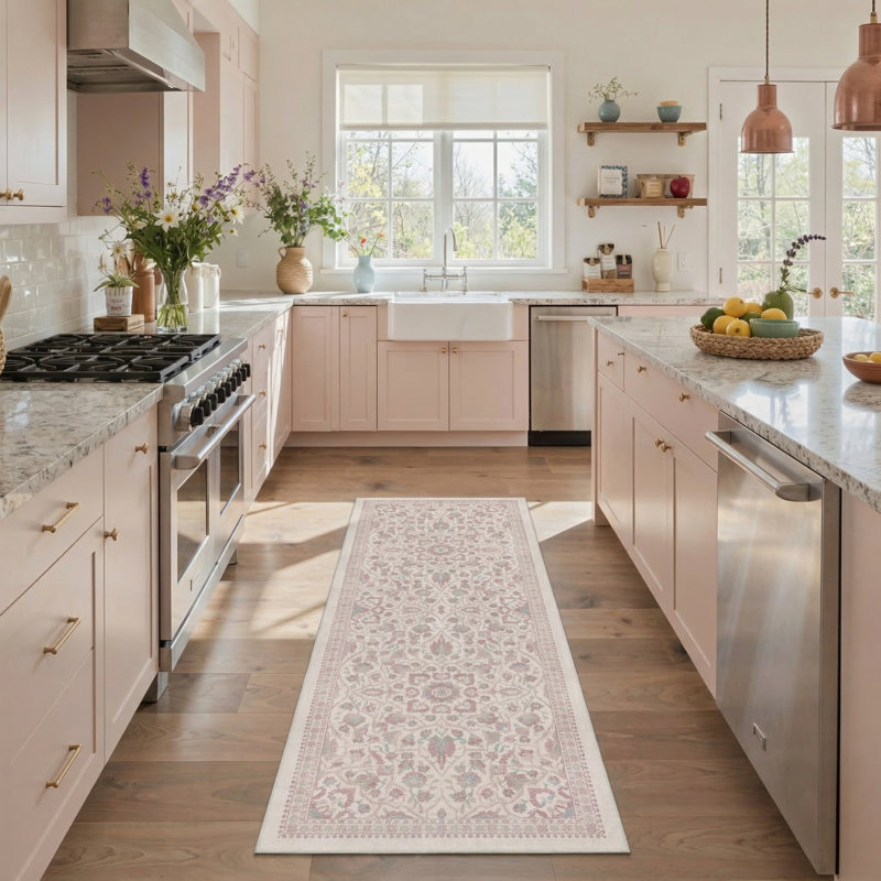 Aura Vintage Floral Machine Washable Pink Indoor Area Rug with Non-Slip Backing, Runner 2' x 6'