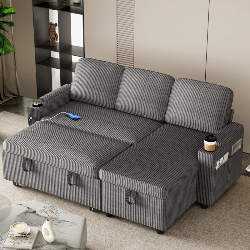3 Seater Sofa & Chaise, Grey Corduroy
