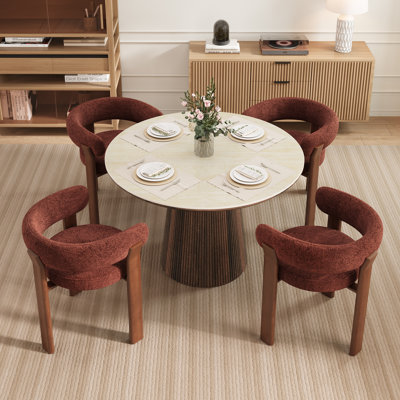 Adwin 4 - Person Dining Table Sets With 47.24" Round Table & 4 Boucle Upholstered Arm Chairs
