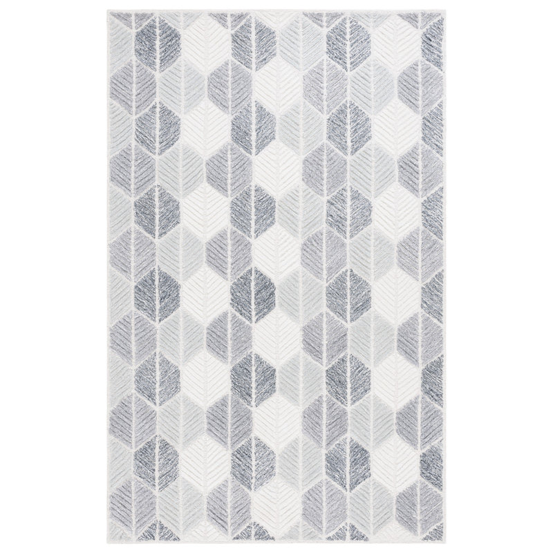 Reaksmey Hand Tufted Wool Viscose Cotton with Latex Geometric Rug in Gray/Ivory, Rectangle 5' x 8'