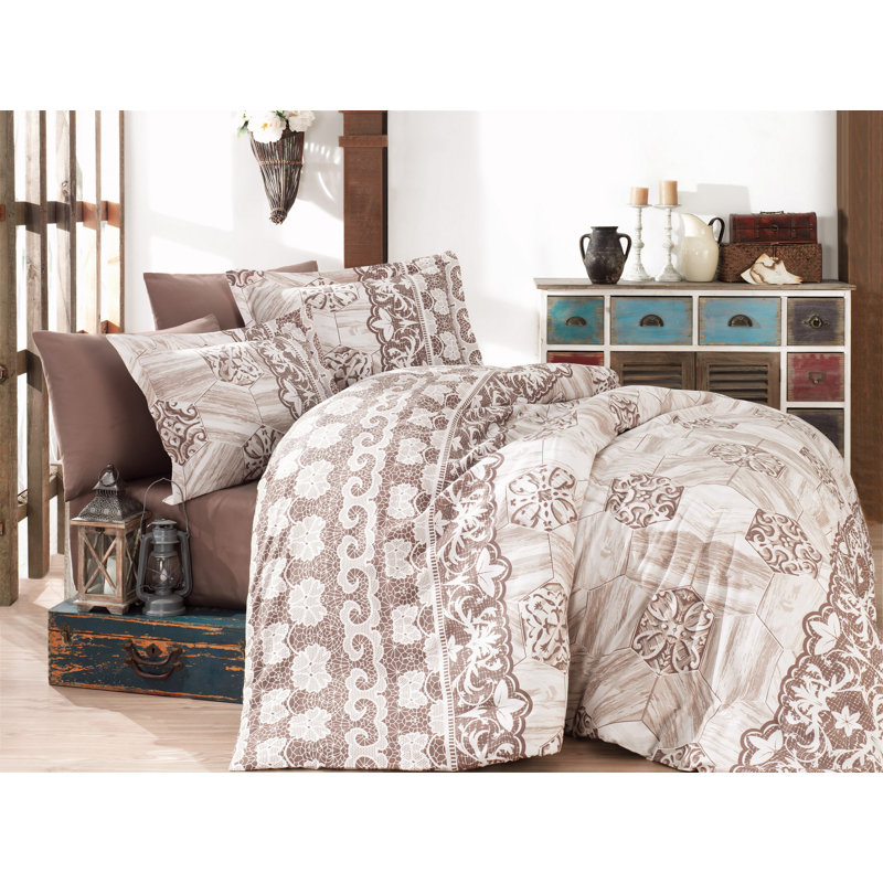 Ensemble de housse de couette 100% coton blanc / brun Gabriel 3 pièces