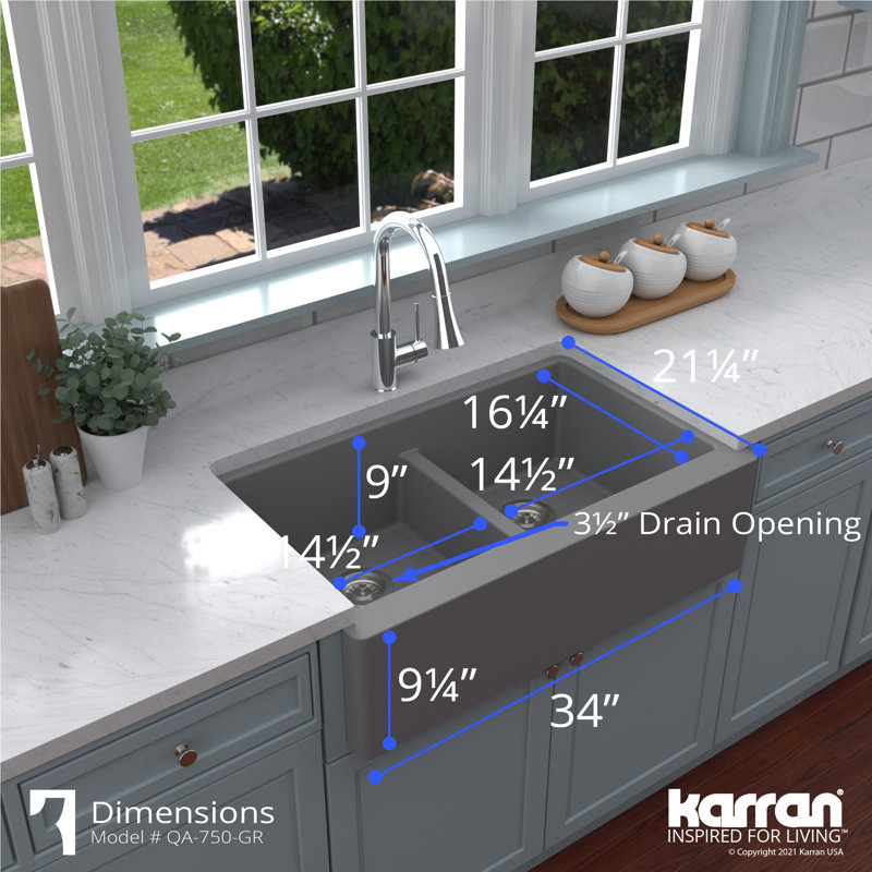 Karran Quartz 34'' X 21-1/4'' 50/50 Double Bowl Farmhouse/Apron Front Kitchen Sink Kit, Gray