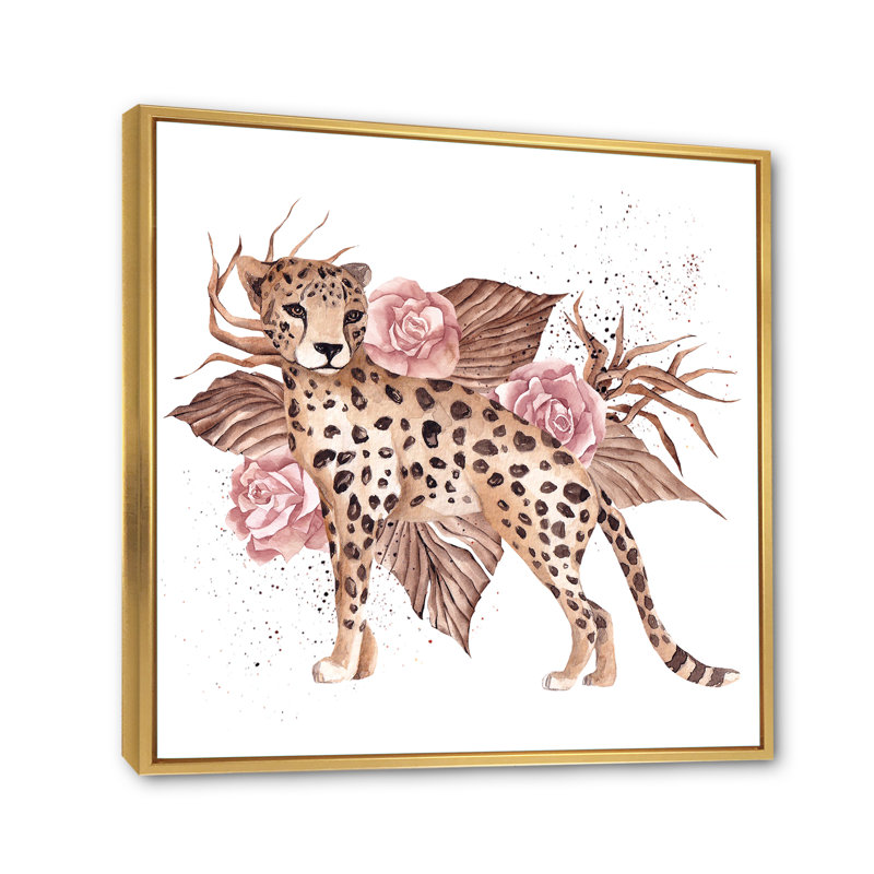 18_Léopard avec fleurs tropicales roses - reproduction d'art sur toile traditionnelle, H 16 po x l 16 po x P 1 po