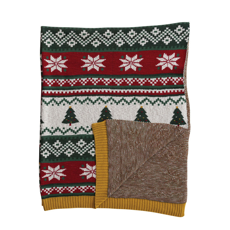 Heirloom Cotton Knit Throw with Festive Trees and Stripes