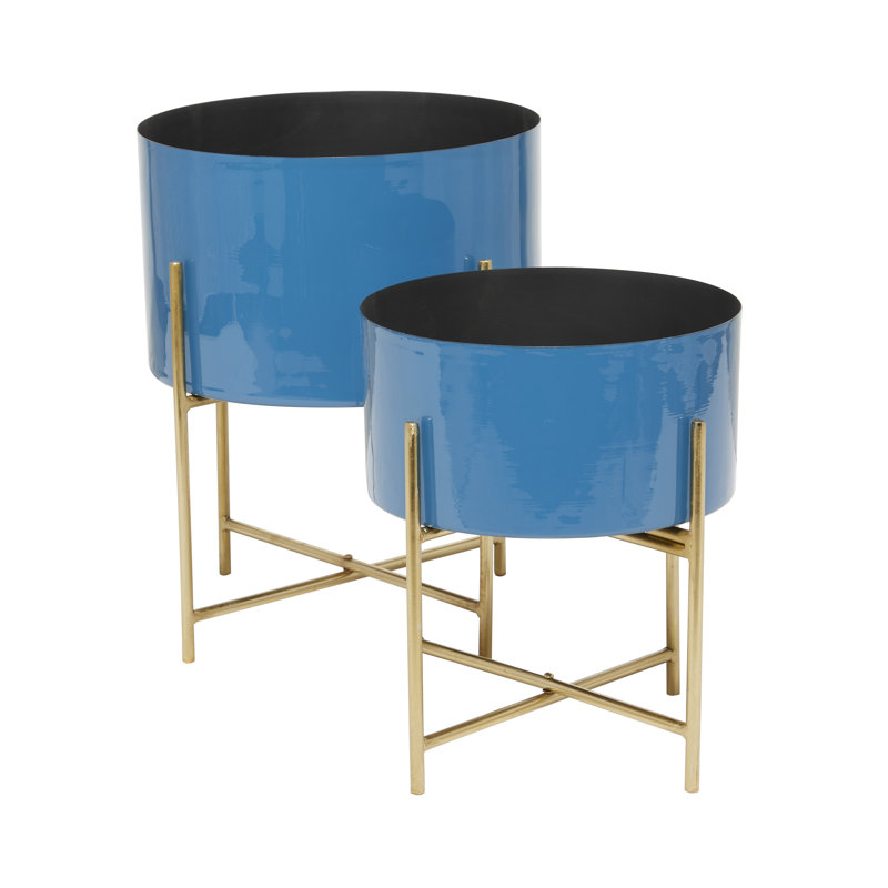 Frits 2 Piece Metal Indoor Outdoor Pink Planter with Removable Gold Stand Set, Blue
