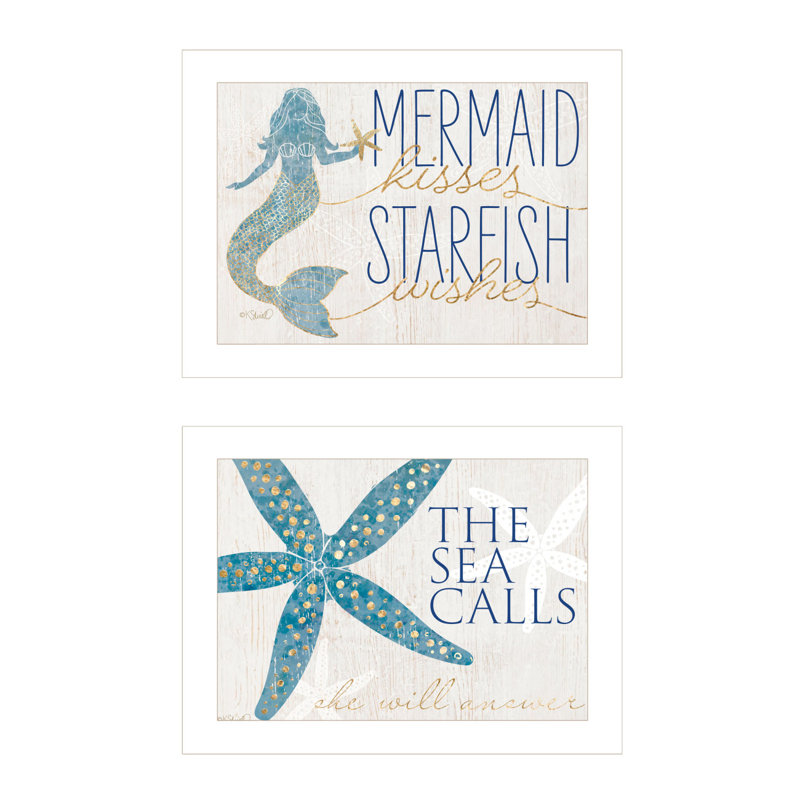 «Mermaid Kisses Starfish Wishes», vignette 2 pièces par Kate Sherrill, reproduction encadrée prête à accrocher, cadre blanc