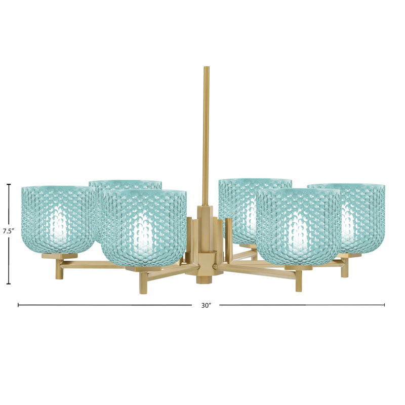 Lustre 6 lumières Finola illustré avec verre texturé turquoise 6 po, Bleu sarcelle, Laiton New Age