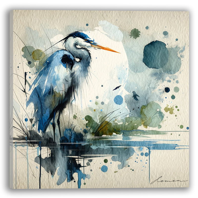 Blue Reverie - Héron abstrait sur toile, H 20 po x l 20 po x P 1,5 po