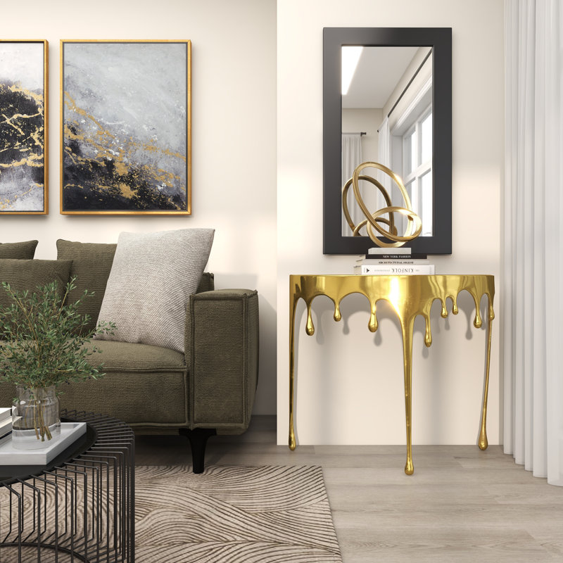 Moderna Aluminum Metal Abstract Crescent Drip Living Room Console Table with Melting Designed Legs and Shaded Glass Top, Gold