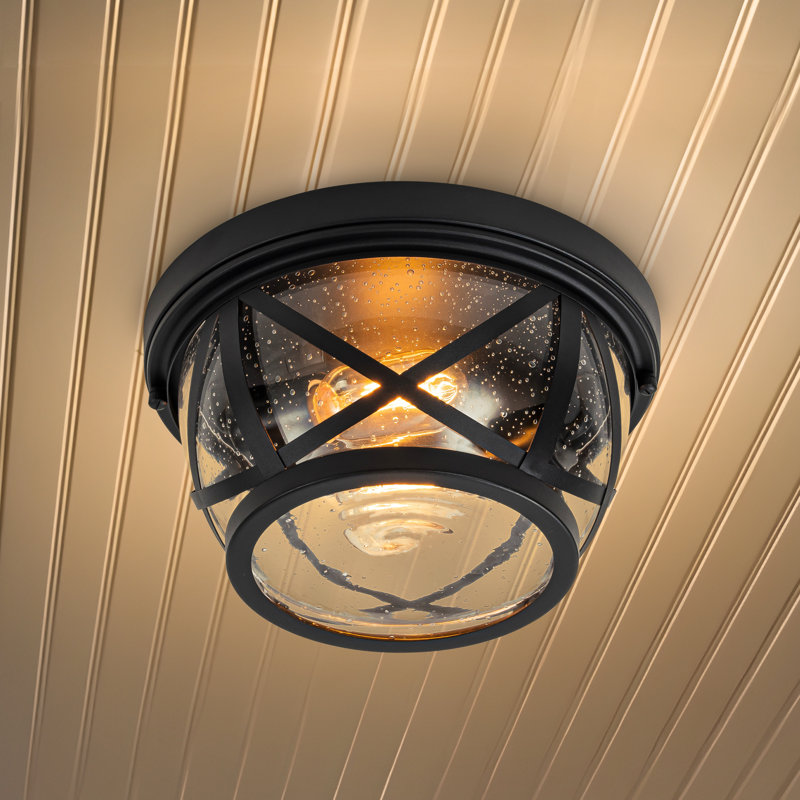 Plafonnier encastré d'extérieur 2 lumières noir avec verre bullé