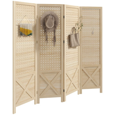 Pegboard Display Room Divider, 4.7' Tall Wood Indoor Portable Folding Privacy Screen, Partition Wall Divider for Home Office, Natural