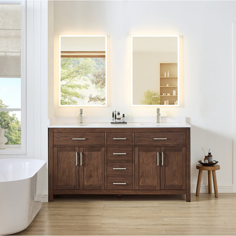 Beckett 66" Freestanding Double Bathroom Vanity with Cultured Marble Top, Dark Walnut, Brushed Nickel, White Cultured Marble