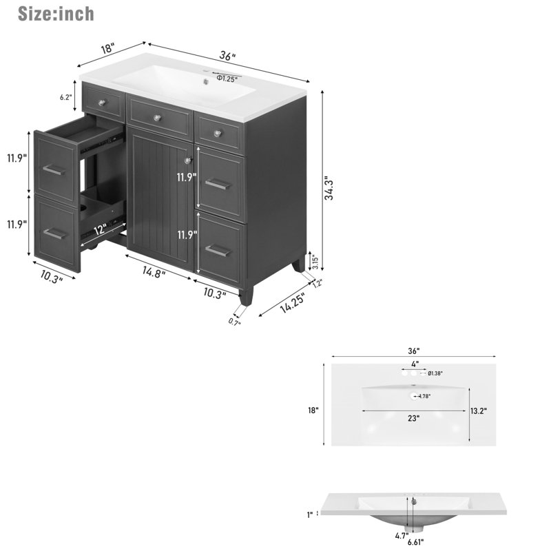 Meuble-lavabo simple avec plateau Hypatos 36,03, Gris