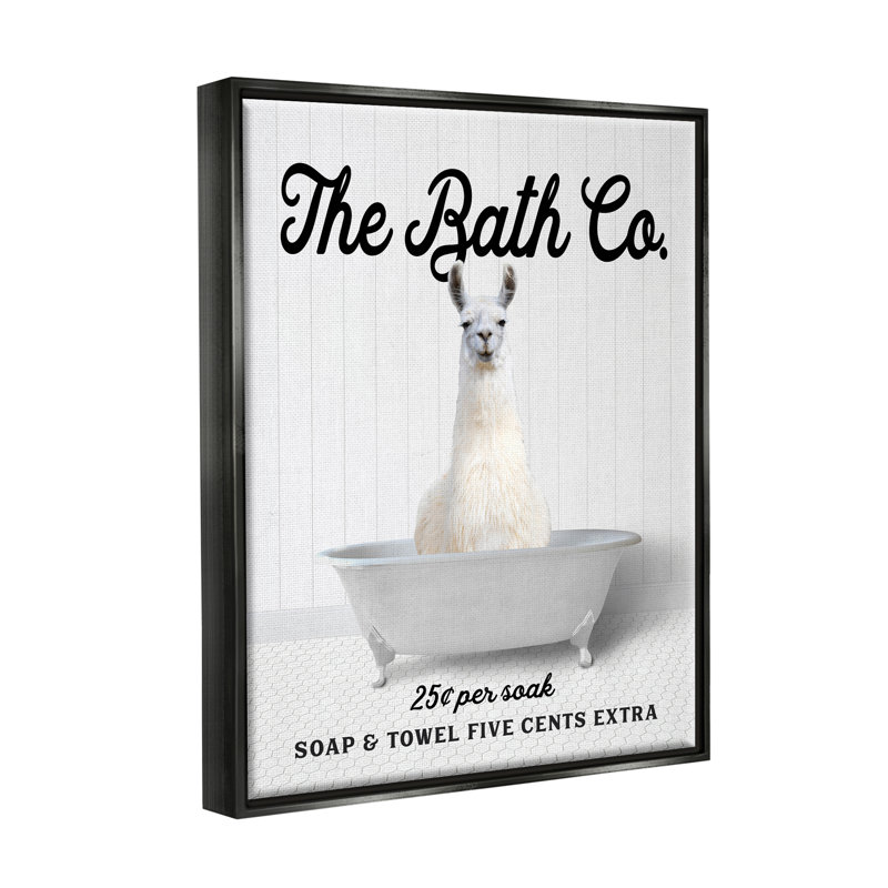 «Trinx Vintage Bath Ad Llama», art mural encadré sur toile flottante par lettré et doublé, Cadre flottant noir de jais