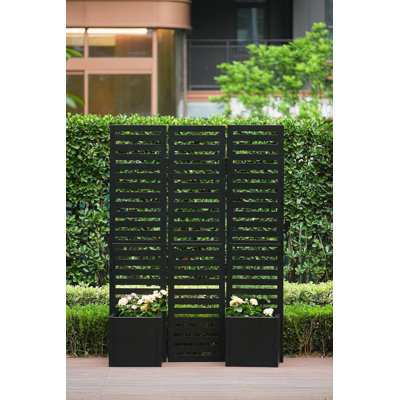 Freestanding 3-Panel Metal Privacy Screen with Integrated Raised Planter Boxes – Built-in Planters, Functional Slat Trellis and Planter Boxes, for Patio, Deck, and Yard