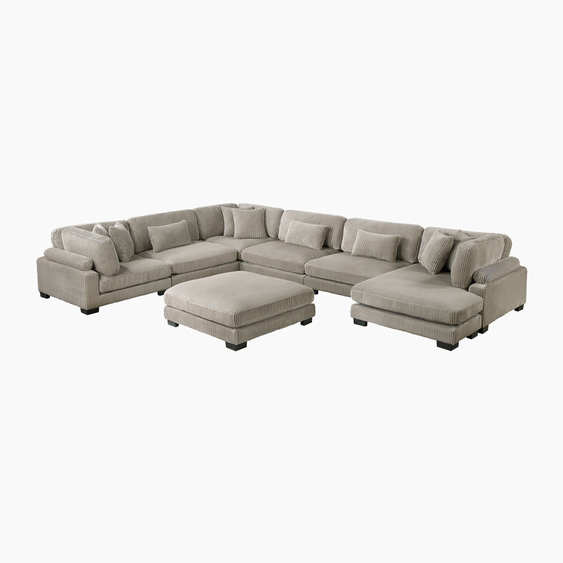 Hulett 135" Modern Modular Sectional with Corduroy Fabric, Adjustable Backrests & 9 Pillows, Taupe