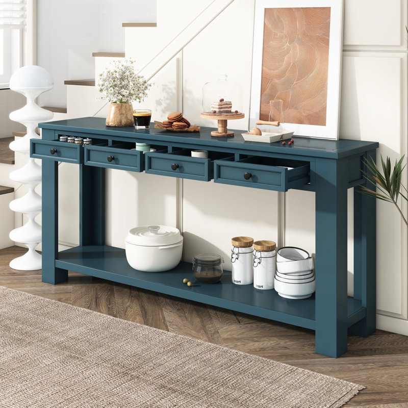 Table d'entrée bleu foncé: console avec rangement et tablette inférieure, Bleu très foncé