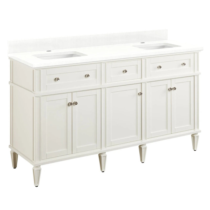 60" Elmdale Double Bathroom Vanity Set with Rectangular Undermount Sinks, Single Hole, Feathered White Quartz, Soft White
