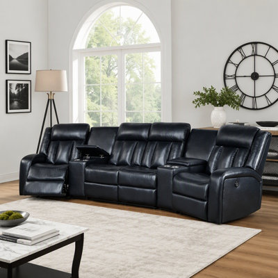 Canapé d'angle inclinable en similicuir bleu marine avec consoles, porte-gobelets et port USB pour salon