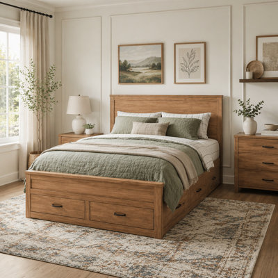Base de lit en bois avec rangement à 6 tiroirs et tête de lit haute