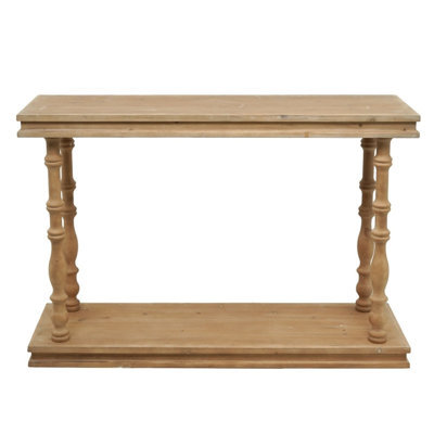 Console 48 po à 2 niveaux en bois naturel, pieds fuselés sculptés, style maison de campagne rustique
