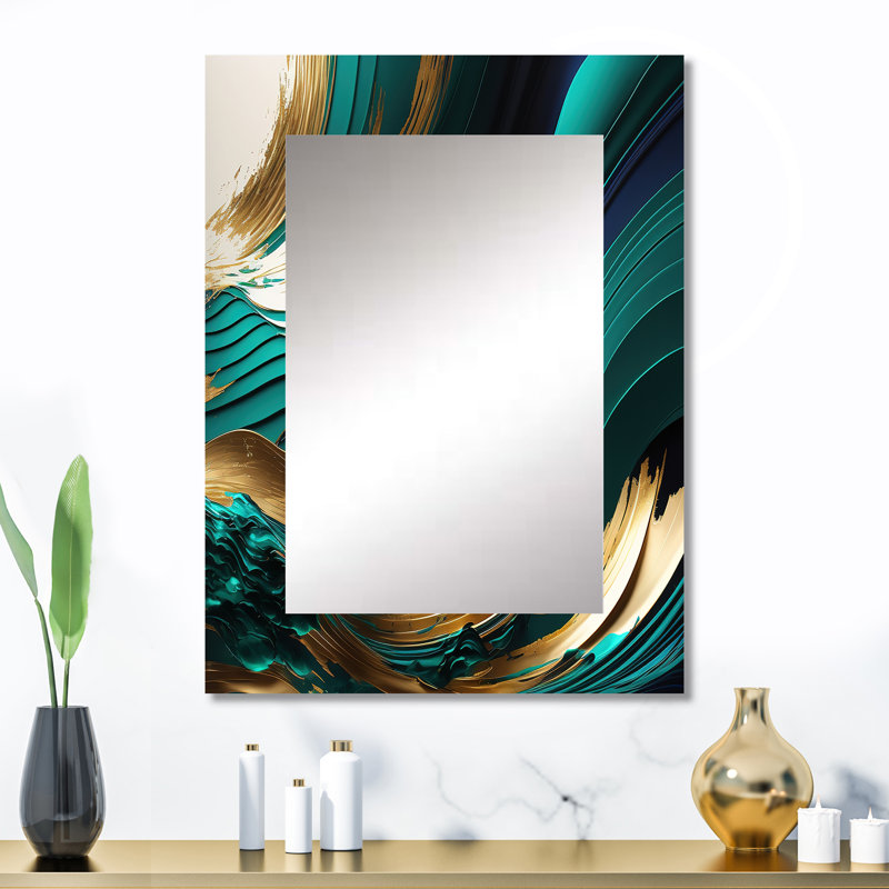 Green And Gold Agate IV - Miroir mural décoratif transitionnel, miroir vert, reproduction d'art en métal, 32 po x 24 po