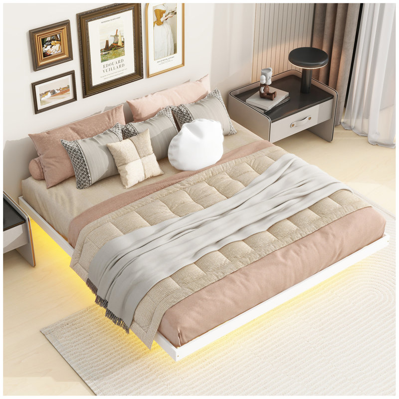 Lit flottant avec lumières DEL en dessous, lit plateforme moderne à profil bas avec lumières DEL, Blanc, Très grand lit