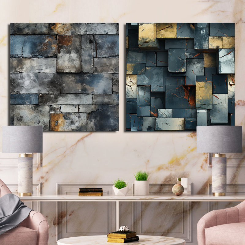 Fontayne - Ensemble de 2 collages carrés abstraits, Toile tendue, H 16 po x l 33 po