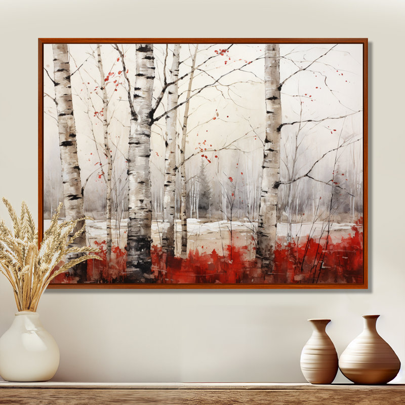 Impressions sur toile de bouleau blanc et rouge en hiver II, 12" H x 20" W, Cadre flottant brun