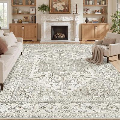Tapis 8 x 10 pour le salon, tapis neutres résistants aux taches et lavables pour la salle à manger, tapis beige rétro antidérapant de grande taille
