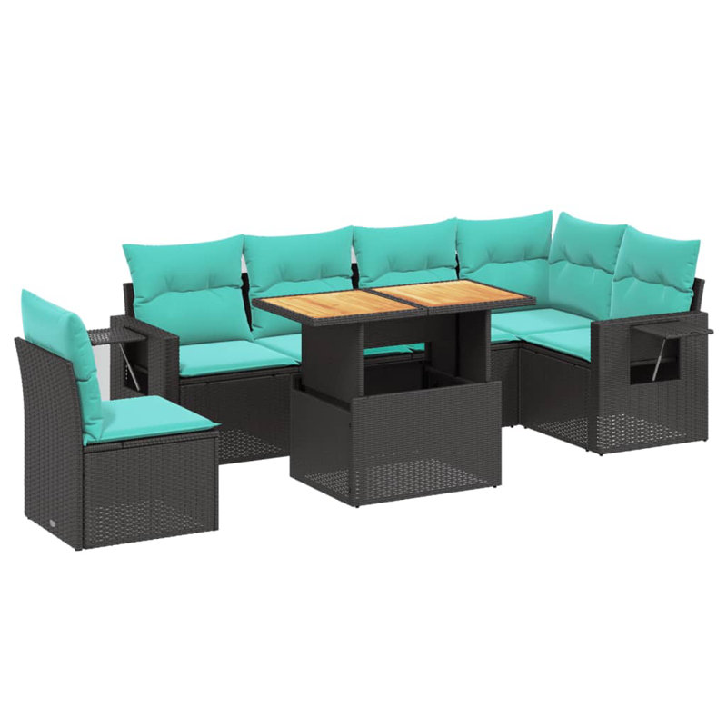  Ensemble de canapé de patio 7 pièces avec coussins en rotin de polyester, Noir, Vert