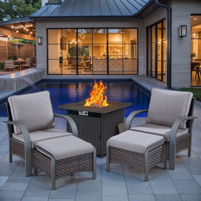 Wyland Industrial Style Outdoor Fire Pit Set With 2 Patio Chairs, Propane Gas Fire Pit, 2 Ottomans, Beige