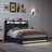 Grey Queen Size Lift Up Storage Bed Frame with LED Lights, USB Charging Ports, Hydraulic Platform, 2-Tier Headboard Shelves-1669932360