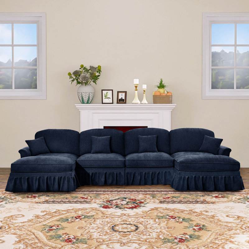 Mauralia 137.8"W Chenille 4 seater sofa with 2 Ottomans and Removable Ruffles Pleats Skirts and Spindle Legs, Blue Chenille