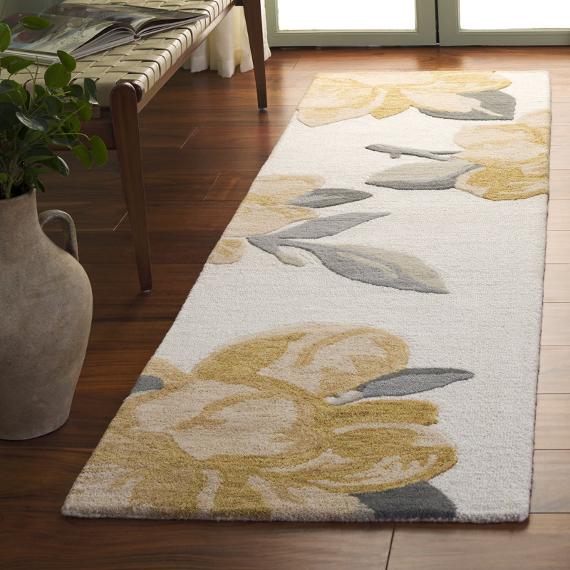 Tapis floral en laine / coton touffeté à la main Jardin 403 - ivoire / beige, Tapis de couloir 2 pi 3 po x 8 pi