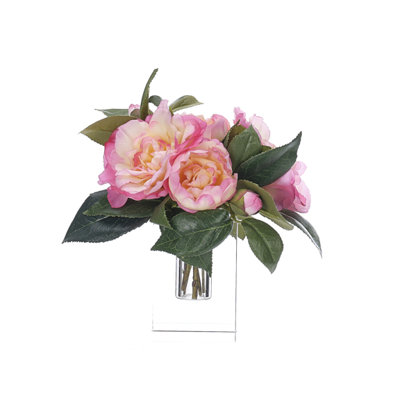 Real-Touch Camellia, Pink, Glass Cube, 9wx8dx9h