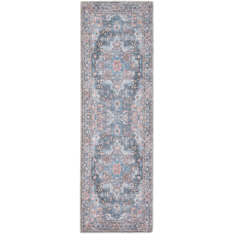 Medallion Machine Washable Polyester Area Rug in Light Blue/Orange/Gray, Runner 2'2" x 8'